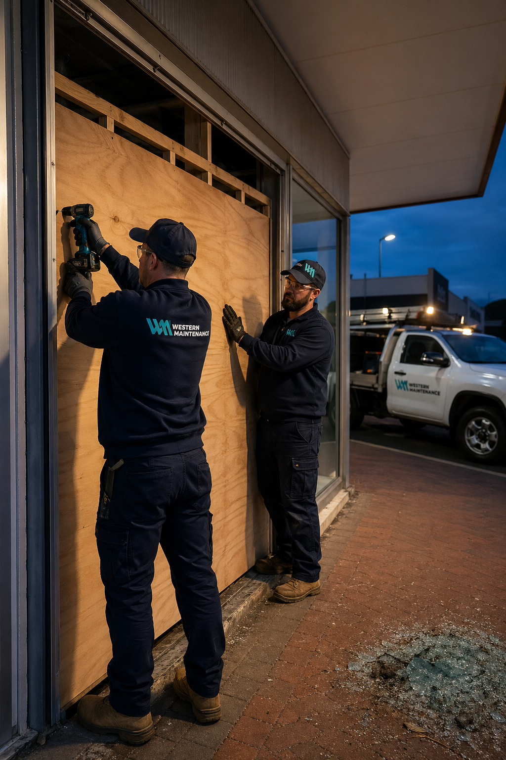Western Maintenance crew boarding up a smashed Perth shop front at dusk