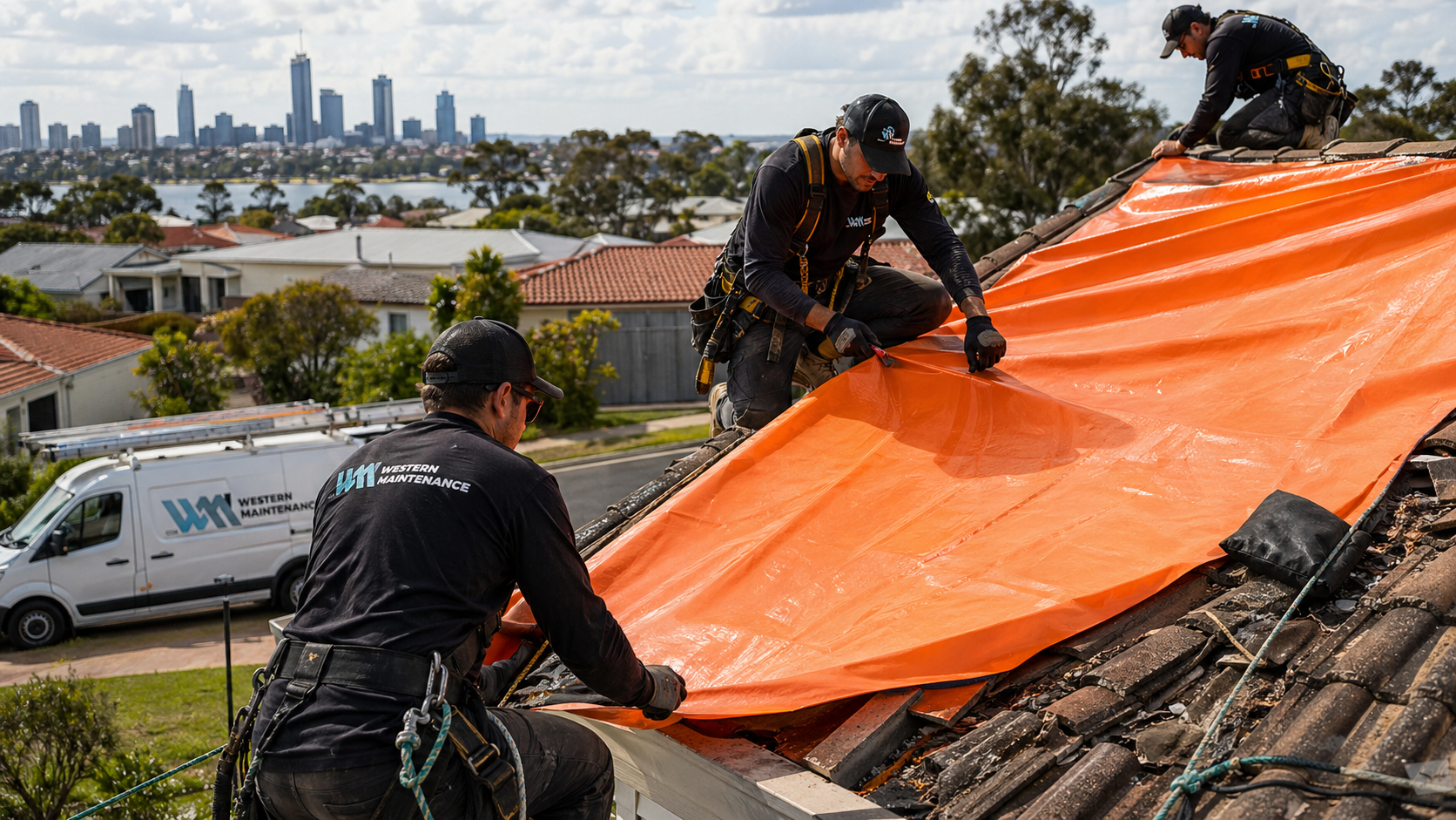 Western Maintenance accredited Stormseal crew installing orange heat-shrink roof wrap on a Perth home with the city skyline behind