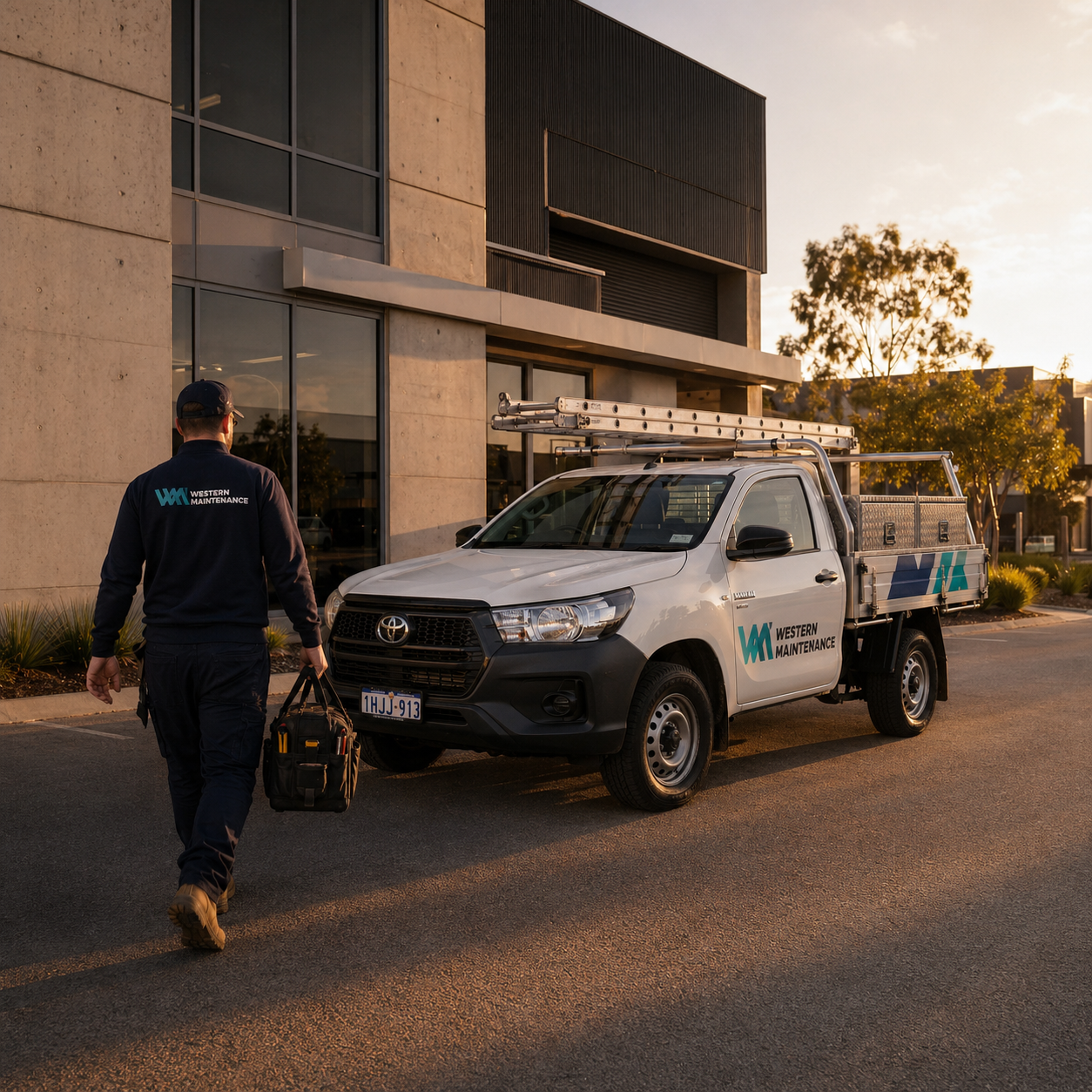 Western Maintenance tradesman arriving on site at a Perth commercial building with branded ute